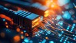 © Stella - Fiber optic cables and data connections on a dark background with an orange light, close-up, stock photo, bokeh effec
