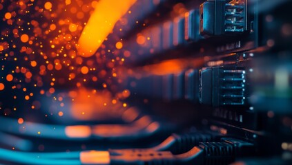 fiber optic cables and data connections on a dark background with an orange light, close-up, stock p