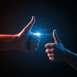 © Watcharin - Human hand gesture showing thumbs up for success and approval. blue and red light effect on an abstract digital background with glowing finger touch interaction concept