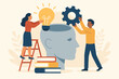 © Jane - Upskilling and reskilling concept. Man and woman put light bulb idea and gear skill into human head. Metaphor for personal development, career growth, knowledge, and education.