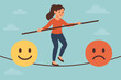 © Jane - Vector cartoon of a woman balancing on a tightrope stretched between a happy face and a sad face. Mental health balance concept. Emotional well-being, stress management, mood stability, mindfulness.