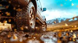 Muddy Trail Adventure: A rugged off-road vehicle conquers a muddy trail, splashing through the terrain. Capturing the raw power and freedom of outdoor adventure.