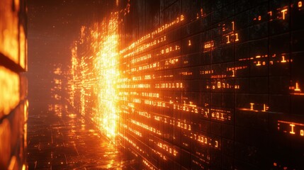 a futuristic wall with glowing binary code and a bright light source illuminating the digital data