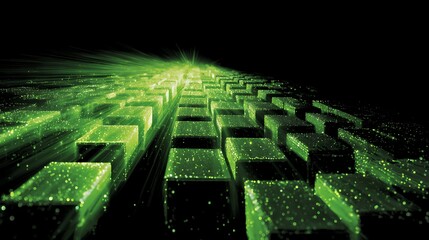 Abstract visual of glowing blocks representing business progress and final goal completion in bright green .