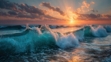 Wall Mural - Golden sunlight breaks through clouds, illuminating rolling waves at dawn. Gentle surf crashes along the sandy beach, creating a peaceful marine ambiance.