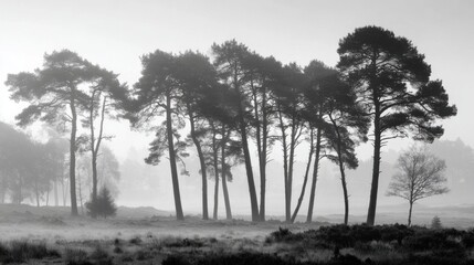 Wall Mural - tall trees stand silhouetted in a misty morning landscape, surrounded by fog that blankets a calm la