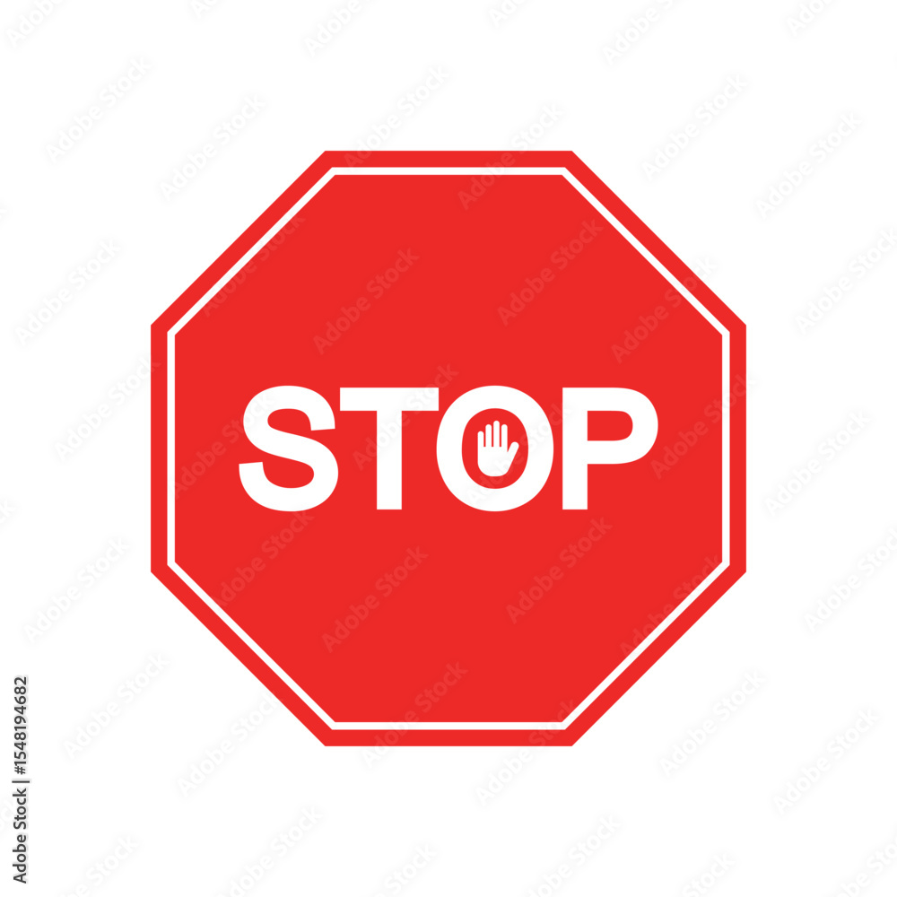 Stop Sign Color Red octagonal stop sign with bold white text and hand symbol. Flat ...