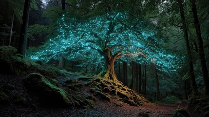 Wall Mural - a magnificent tree illuminated with blue light stands tall in a dense forest at twilight. the surrou