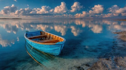 Wall Mural - A vibrant blue wooden boat rests peacefully in still water, capturing the stunning reflection of fluffy clouds above during a colorful sunset. Soft hues fill the sky.