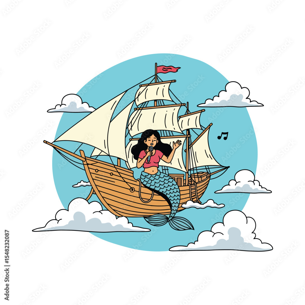 Singing Mermaid on a Flying Wooden Ship with Sails.