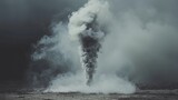 Powerful smoke tornado on dark road in foggy mysterious atmosphere and weather natural disaster environment scene