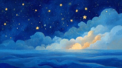 Wall Mural - Dreamy night sky with stars and clouds over tranquil ocean