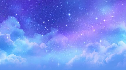 Wall Mural - Dreamy night sky with sparkling stars and ethereal clouds in purple and blue