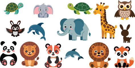  Cute Cartoon Animals Set Vector Illustration Stickers Panda Lion Elephant Giraffe Turtle Dolphin Rabbit Owl 2