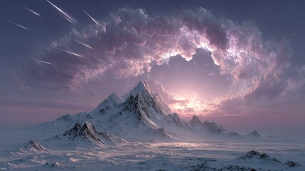 Wall Mural - Majestic snow-capped mountains under vibrant twilight sky with meteor shower