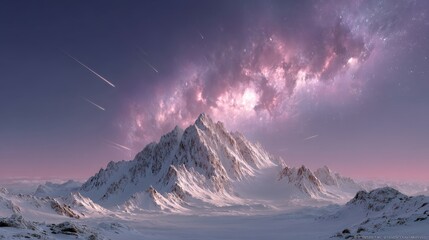 Wall Mural - Majestic snow-covered mountain under starry night sky with meteor shower and milky way