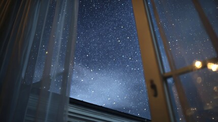 Wall Mural - Starry night sky viewed through open window with sheer curtains