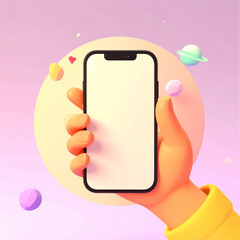 3D Cartoon hand holding smartphone isolated on purple background, Hand using mobile phone mockup. 3d render illustration
