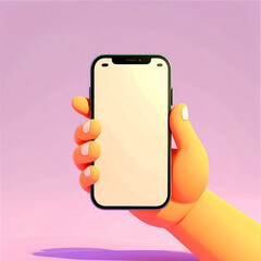 3D Cartoon hand holding smartphone isolated on purple background, Hand using mobile phone mockup. 3d render illustration