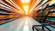 © Larisa AI - A shopping cart zooms through a supermarket aisle in a stunning abstract motion blur, representing the fast-paced nature of modern shopping experiences and consumerism.