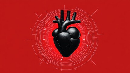 Futuristic digital heart design with intricate red tech background