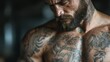 © Larisa AI - A striking portrait of a tattooed man with a focused expression, highlighting intricate tattoos against a softly lit background that conveys strength and character.