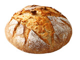 Round crusty bread loaf on clean white background, png transparent background