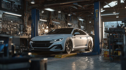 Naklejka na meble Sleek car without branding suspended mid-air on a hydraulic lift in a dimly lit industrial garage, metal tools glinting on the walls