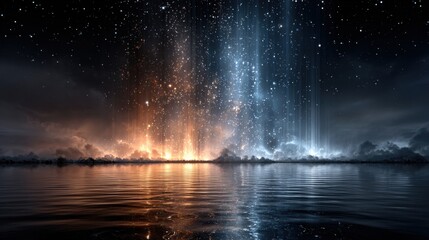 Wall Mural - A stunning sky blends vibrant hues of orange and blue as stars twinkle above a tranquil water surface at twilight. Reflections create a mesmerizing landscape.