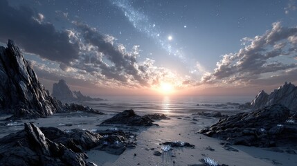 Wall Mural - Breathtaking coastal view during twilight showing the sun setting over the ocean. The rocky shoreline contrasts with the colorful sky filled with clouds and stars.
