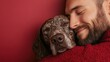 © Larisa AI - A man with a beard smiles affectionately while holding his dog close, capturing a heartwarming moment of love and companionship against a soft red background.