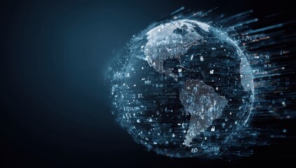 A digital globe with lines of code and data flowing around it, illustrating global cybersecurity or internet network protection Generative AI
