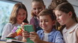 © stockbusters - Smiling children playing cellphone sharing joyful moment at school break closeup