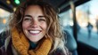 © Larisa AI - A joyful woman with curly hair is smiling warmly on a bus, creating a cheerful atmosphere and showcasing the beauty of candid moments in public transportation.