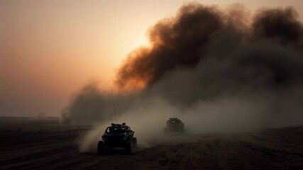 Wall Mural - two dune buggies are driving through a desert landscape at sunset, leaving a large trail of smoke an