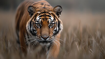  A captivating close-up of a majestic tiger prowling through tall grass, showcasing its powerful presence and the beauty of wildlife in its natural habitat.