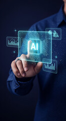 Wall Mural - hand interacts with a digital ai interface, showcasing graphs and data analysis, symbolizing technol