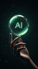 Wall Mural - hand holding glowing sphere with ai inscription, network lines visible inside, dark background, symb