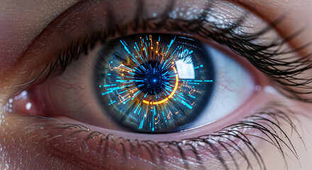 Wall Mural - close-up of human eye, iris displaying vibrant blue and orange digital data streams, symbolizing tec