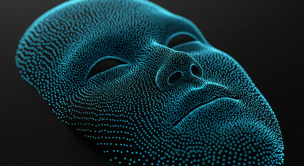 Wall Mural - abstract face formed by cyan particles on black background, suggesting digital art, technology, or f