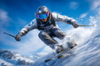 © zamuruev - Athlete skiing quickly down a snowy slope. Dynamic pose captures action against blue sky and snow-covered mountains. Concept of winter sports, adventure travel, outdoor recreation