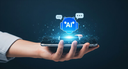 Wall Mural - hand holding smartphone displaying ai chatbot icon with circuit board design, symbolizing artificial