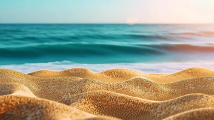Wall Mural - Golden Sands and Azure Waves: Sun-kissed golden sand dunes gently slope towards a vibrant turquoise ocean, where waves softly crash on the shore under a clear sky.