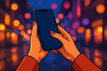 Woman hands holding a smartphone with a blank screen on a night city street with bokeh lights. Vector illustration concept for technology, social media, communication, and app mockup.