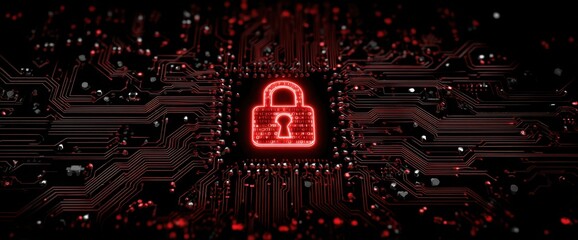A red padlock icon glowing on an electronic circuit board against a black background, symbolizing security and cyber protection in technology Generative AI