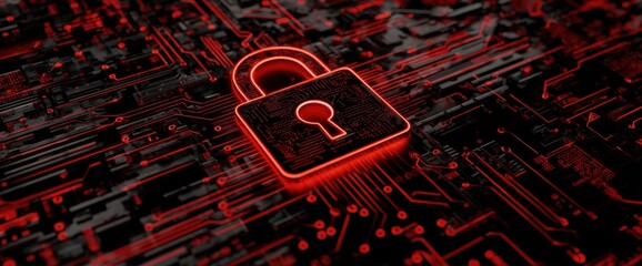 Red digital padlock icon on a black background, a cyber security concept Circuit board pattern on a black background, a banner design with a copy space area Generative AI