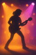 © BrunoStudio - Guitarist silhouette performing on a colorful stage with spotlights. Rock star playing guitar at a live music concert or festival. Energetic musician show concept vector background.