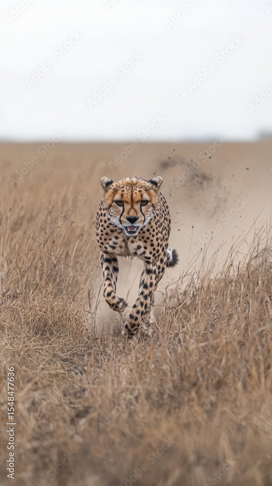 A swift cheetah races over the dry golden grass of the savanna, kicking up dust as it moves with remarkable speed and grace. The creature is focused on a distant target, showcasing its agility.