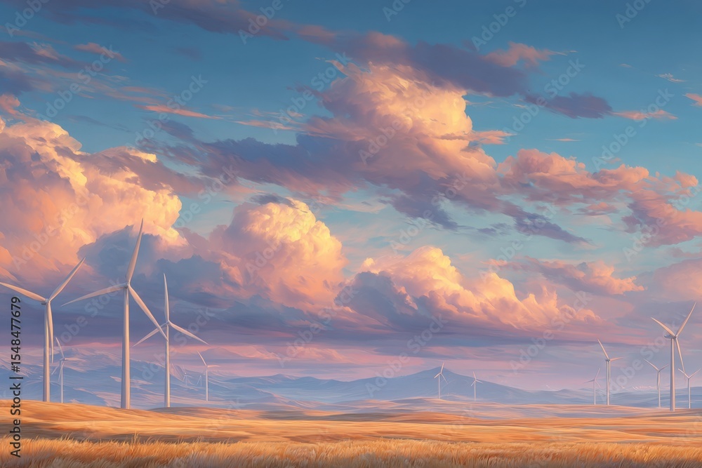 Wind turbines rise prominently in a grassy landscape, contrasting with a breathtaking sky filled with vibrant, fluffy clouds during sunset. The scene captures a tranquil yet dynamic atmosphere.