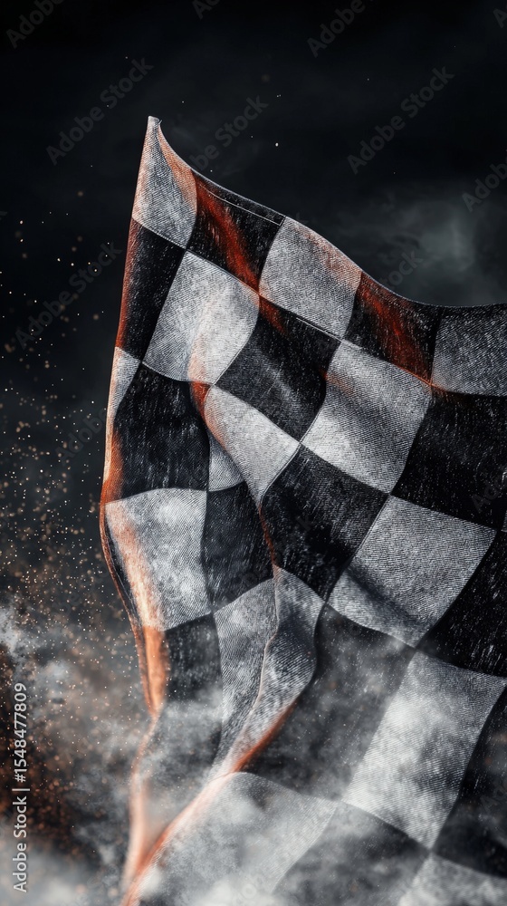 A checkered racing flag flutters in the wind, accented by hints of red, while dust particles swirl around it, creating a dynamic, energetic atmosphere suggestive of speed and competition.